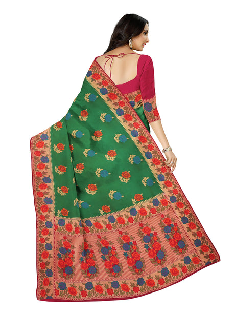 Mimosa Womens Art Silk Saree Patola Green Color