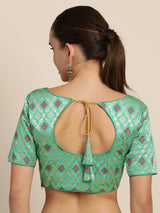 Mimosa Women Turquoise Blue & Red Woven Design Readymade Saree Blouse