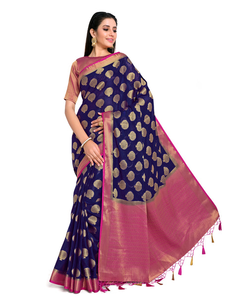 Mimosa Womens Crepe Saree Mysore Silk Navy Blue Color