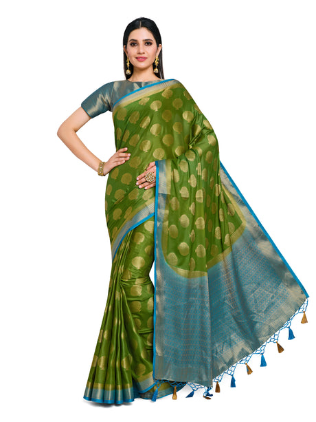 Mimosa Womens Crepe Saree Mysore Silk Olive Color