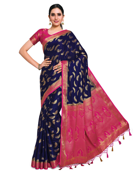 Mimosa Womens Crepe Saree Mysore Silk Navy Blue Color