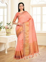 Mimosa Womens Raw Silk Saree Kanjivaram style Peach Color