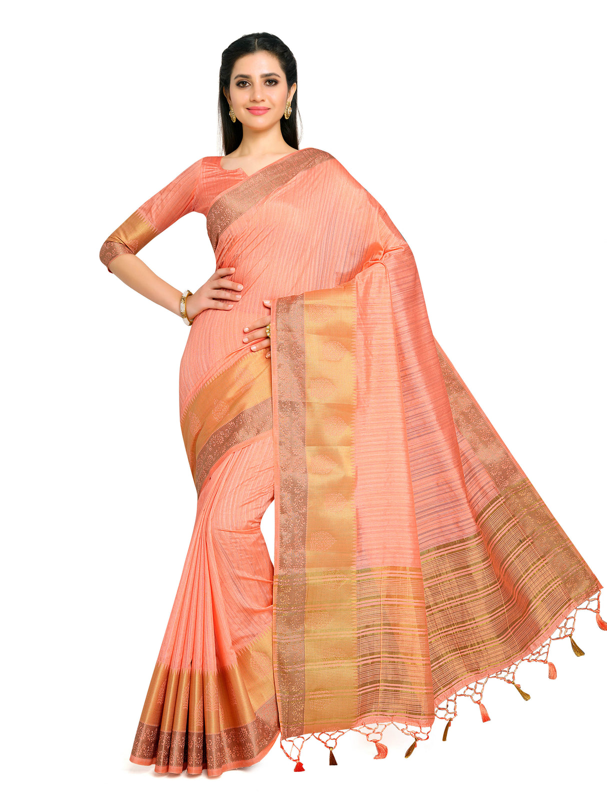 Mimosa Womens Raw Silk Saree Kanjivaram style Peach Color