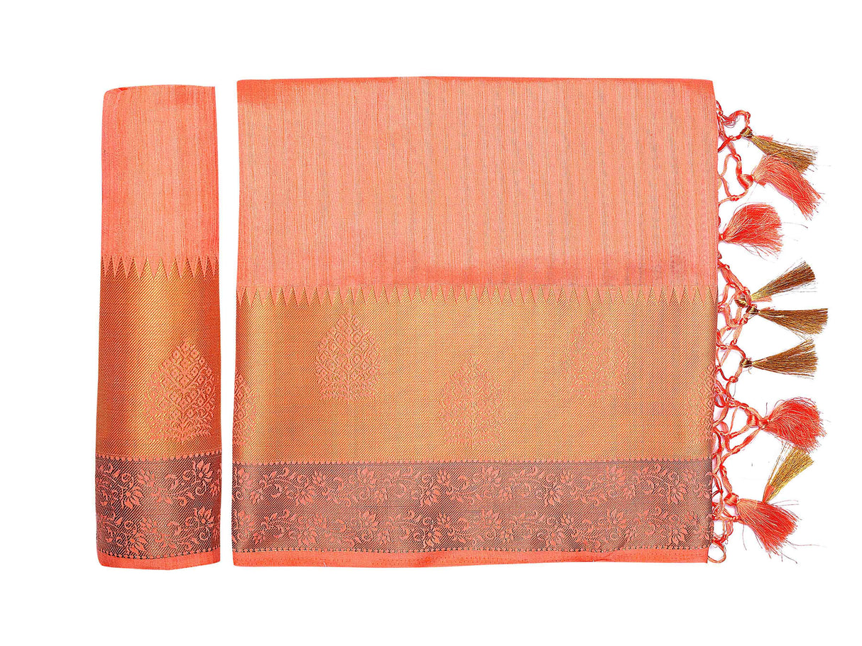 Mimosa Womens Raw Silk Saree Kanjivaram style Peach Color