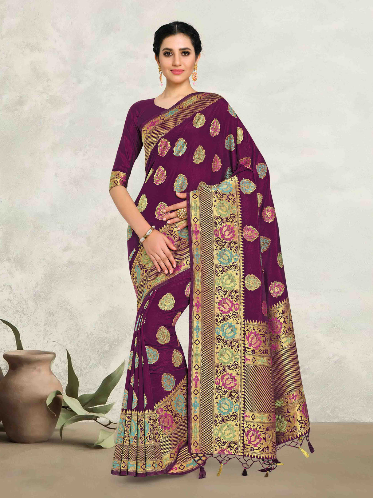 Mimosa Womens Art Silk Saree Kanjivaram Wine Color