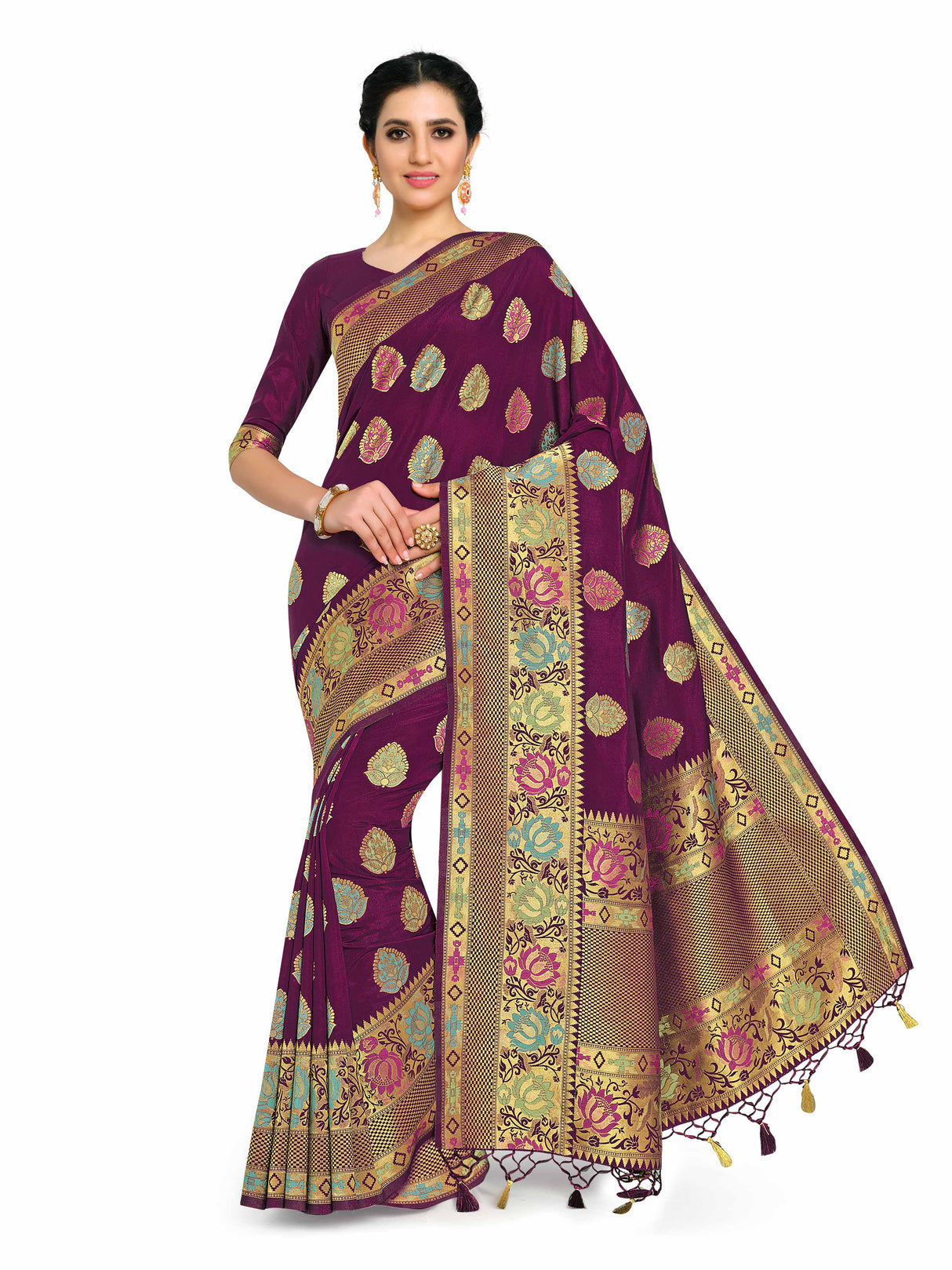 Mimosa Womens Art Silk Saree Kanjivaram Wine Color