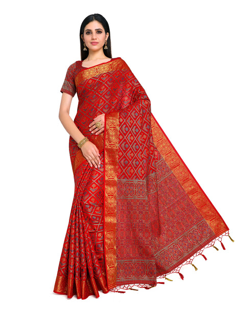 Mimosa Womens Art Silk Saree Patola Red Color