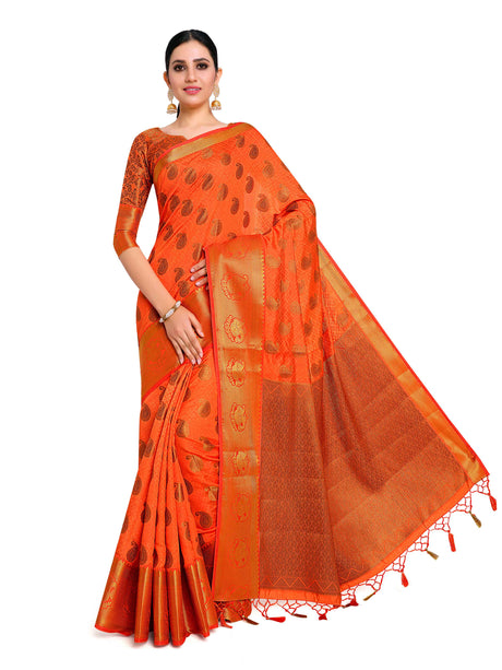 Mimosa Womens Art Silk Saree Kanjivaram Orange Color