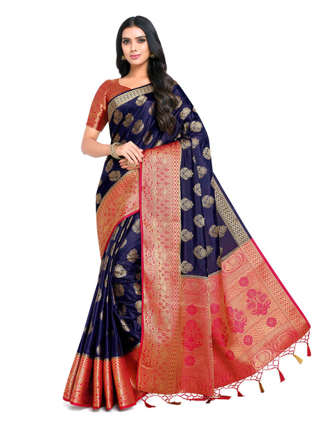 Mimosa Womens Art Silk Saree Kanjivaram Navy Blue Color