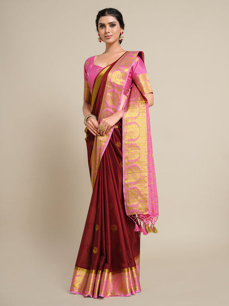 Mimosa Womens Crepe Saree Mysore Silk style Maroon Color