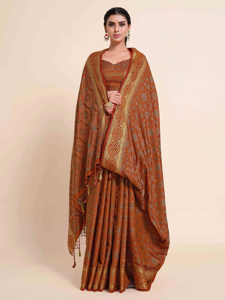 Mimosa Womens Art Silk Saree Kanjivaram Rust Color