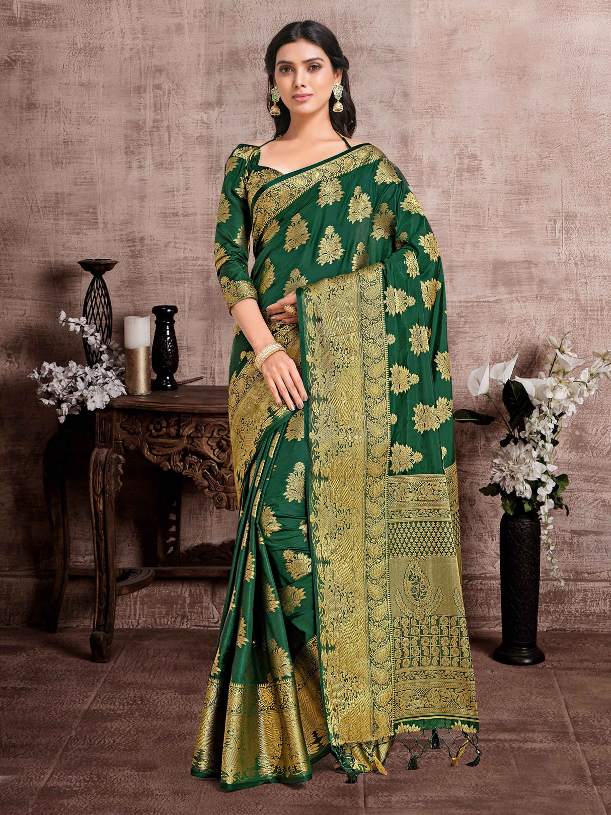 Mimosa Womens Art Silk Saree Kanjivaram BGreen Color