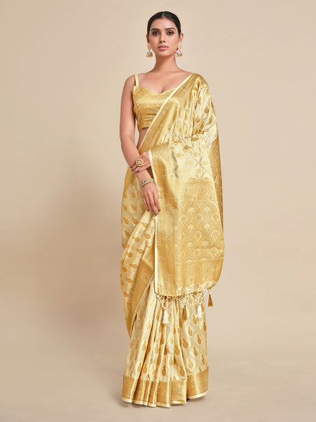 Mimosa Womens Art Silk Saree Kanjivaram Halfwhite Color
