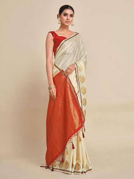 Mimosa Womens Crepe Saree Mysore Silk style Halfwhite Color