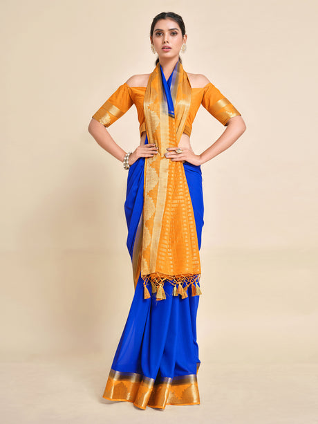 Mimosa Womens Chiffon Saree Banarasi style Royal Blue Color