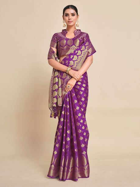 Mimosa Womens Crepe Saree Mysore Silk Purple Color