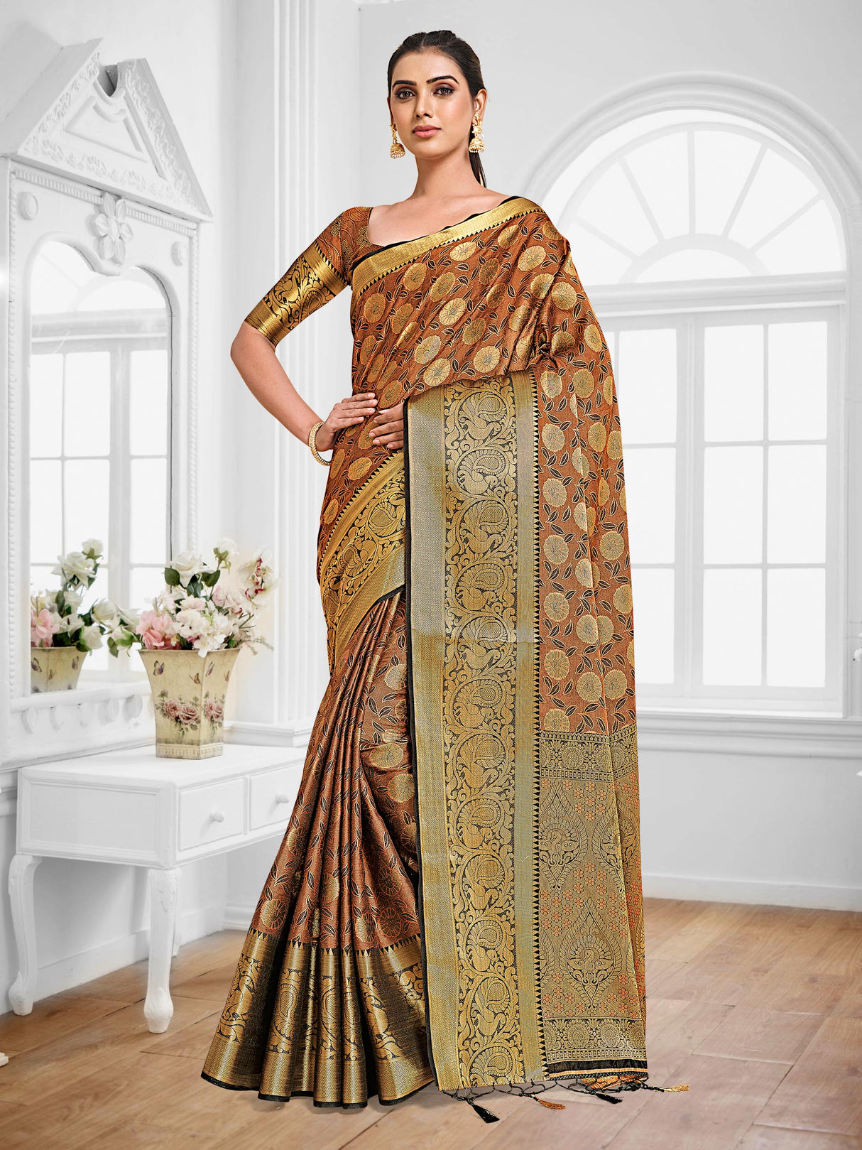 Mimosa Womens Art Silk Saree Kanjivaram Black Color