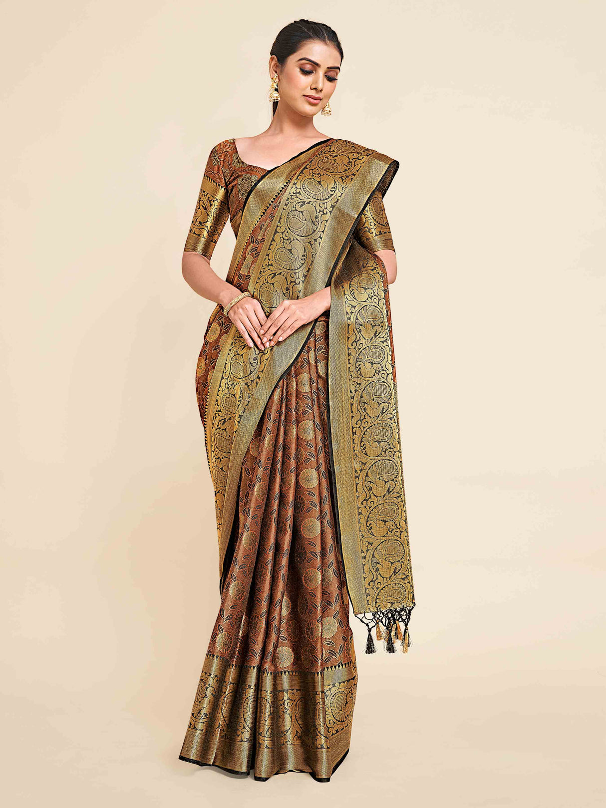 Mimosa Womens Art Silk Saree Kanjivaram Black Color