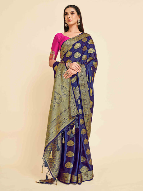 Mimosa Womens Crepe Saree Mysore Silk Navy Blue Color