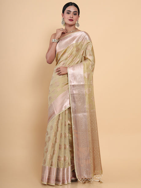 Mimosa Womens Art Silk Saree Kasavu Cream Color