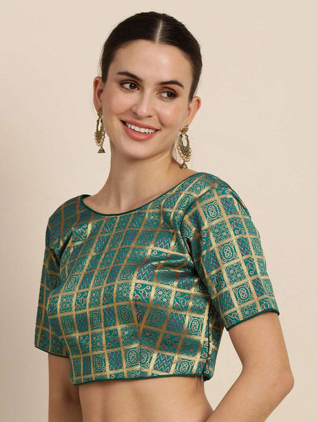 Mimosa Women Teal Green & Golden Woven Design Readymade Saree Blouse