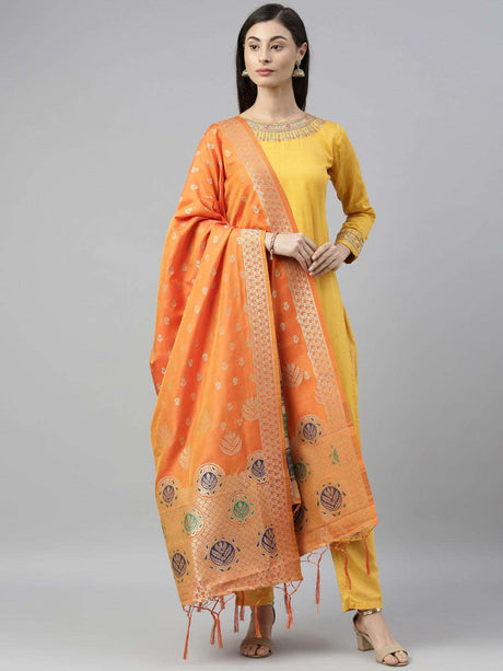 MIMOSA Orange & Gold-Toned Woven Design Dupatta