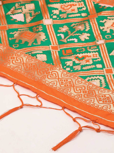 MIMOSA Orange & Green Ethnic Motifs Woven Design Art Silk Dupatta with Zari