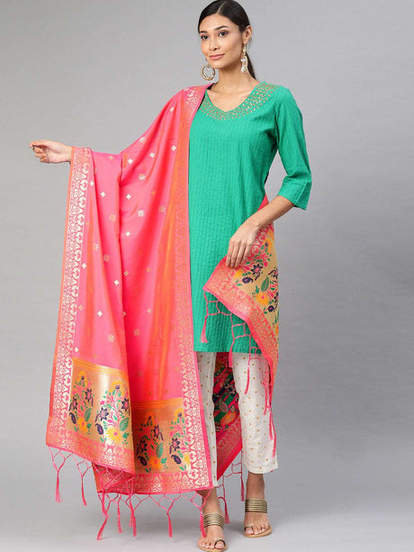 MIMOSA Coral Pink & Gold-Toned Woven Design Dupatta