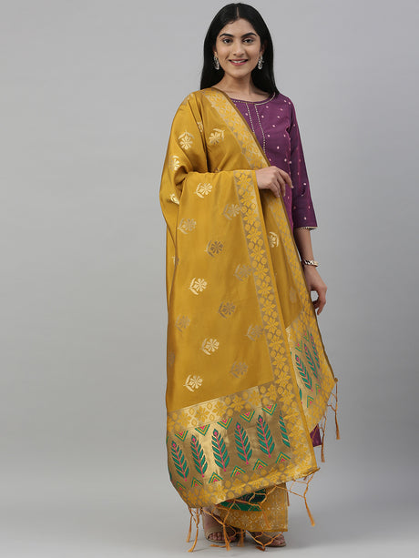 MIMOSA Yellow & Gold-Toned Woven Design Art Silk Dupatta