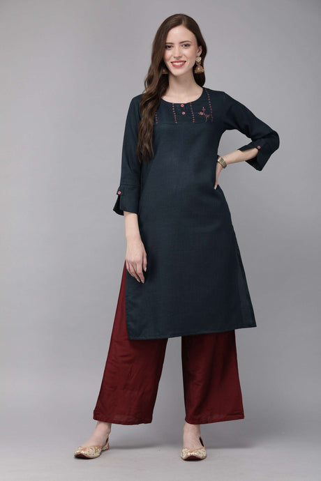 MIMOSA Cotton Navy Blue Colour Embroidered Straight Casual Kurta For Women
