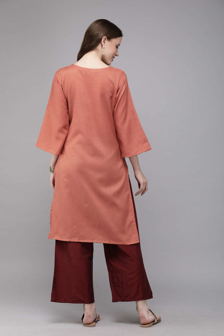 MIMOSA Cotton Rust Colour Embroidered Straight Casual Kurta For Women