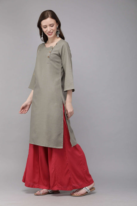 MIMOSA Cotton Khaki Colour Embroidered Straight Casual Kurta For Women