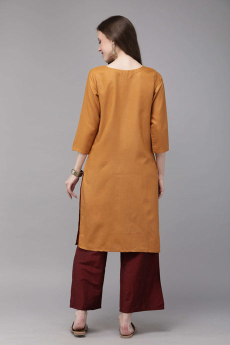 MIMOSA Cotton Mustard Yellow Colour Embroidered Straight Casual Kurta For Women
