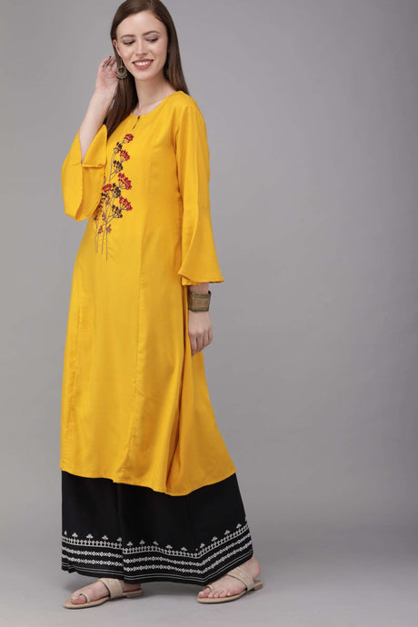 MIMOSA Cotton Mustard Yellow Colour Embroidered Straight Kurta for Women