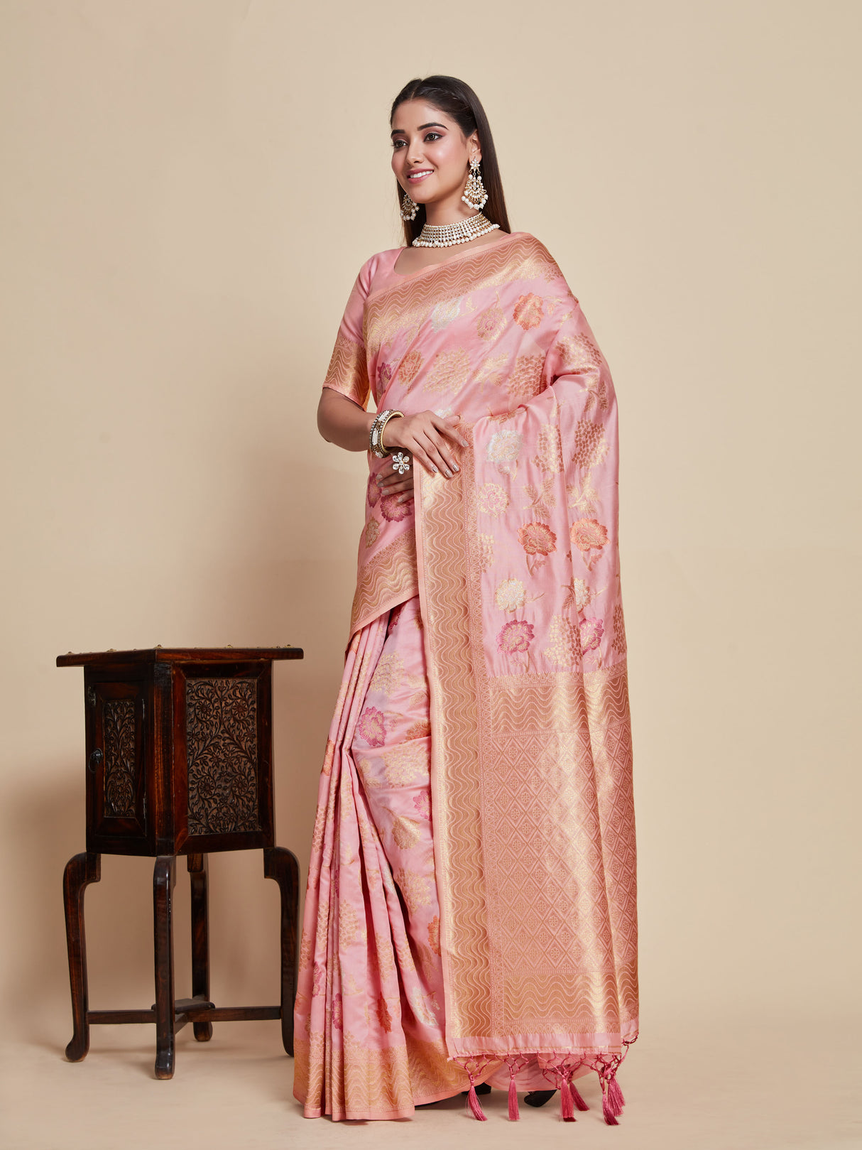 Mimosa Women's Woven Design Kanjivaram Art Silk Saree With Blouse Piece : SA00001058PNK