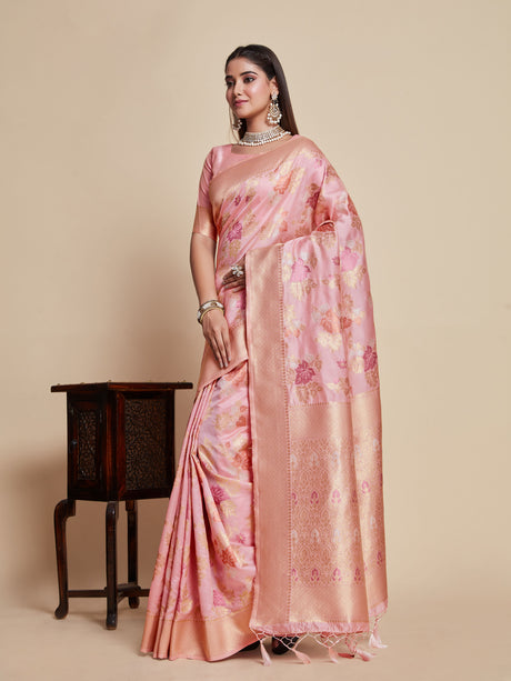 Mimosa Women's Woven Design Kanjivaram Style Art Silk Saree With Blouse Piece : SA00001059PNK