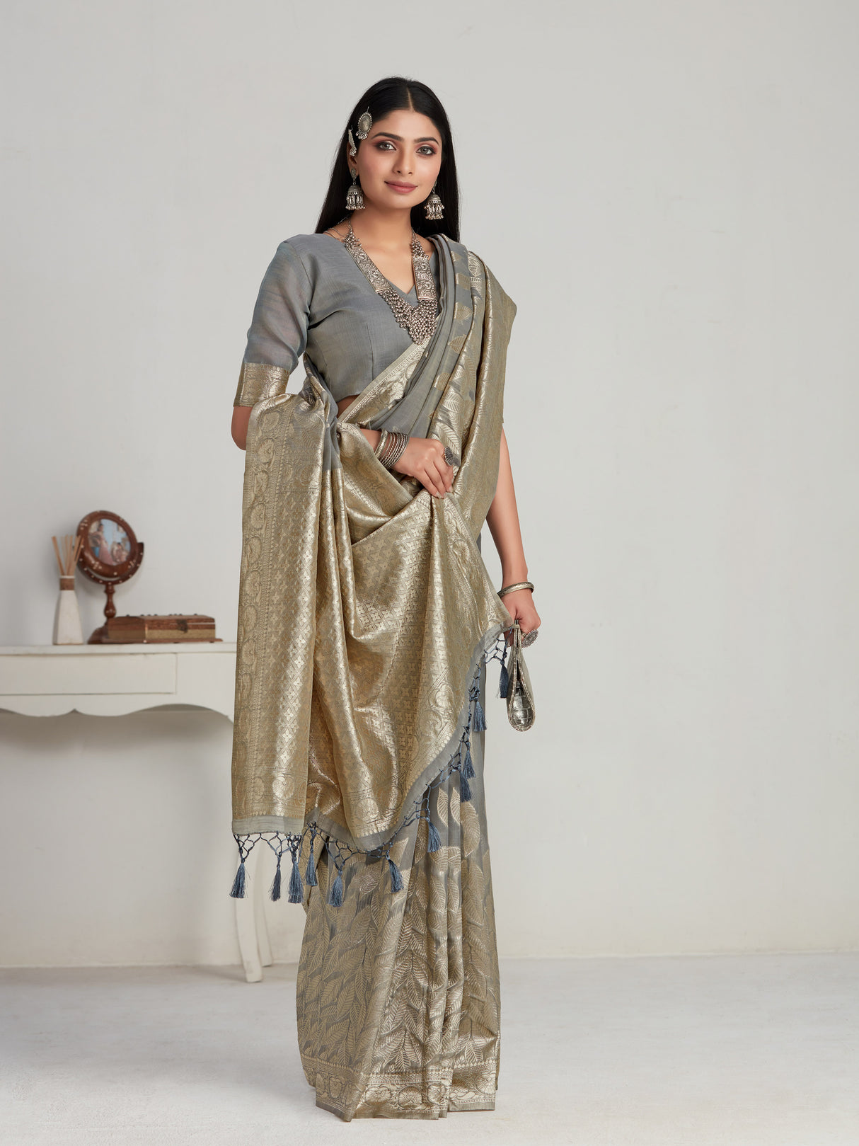 Mimosa Women's Woven Design Banarasi Style Poly Cotton Saree With Blouse Piece : SA00001077GY
