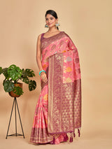 Mimosa Women's Woven Design Kanjivaram Linen Saree With Blouse Piece : SA00001248PNKFREE
