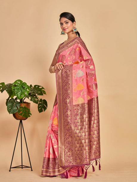 Mimosa Women's Woven Design Kanjivaram Linen Saree With Blouse Piece : SA00001248PNKFREE