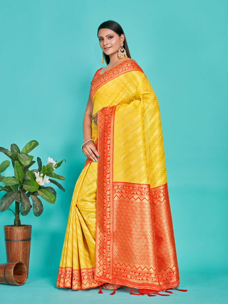 Mimosa Women's Woven Design Kanjivaram Linen Saree With Blouse Piece : SA00001256GDFREE