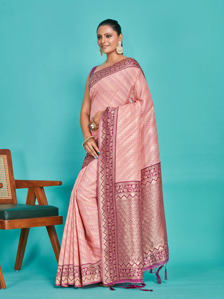 Mimosa Women's Woven Design Kanjivaram Linen Saree With Blouse Piece : SA00001256PNKFREE