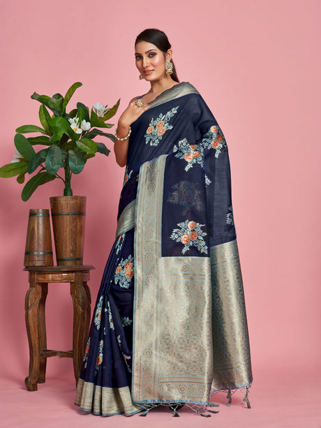 Mimosa Women's Woven Design Kanjivaram Linen Saree With Blouse Piece : SA00001258NVFREE