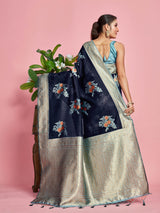 Mimosa Women's Woven Design Kanjivaram Linen Saree With Blouse Piece : SA00001258NVFREE