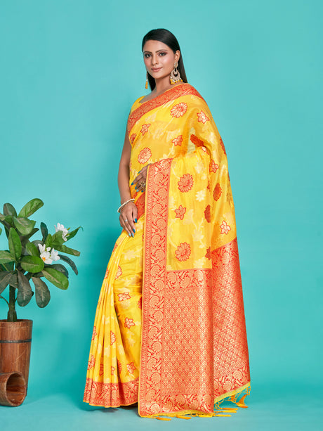 Mimosa Women's Woven Design Banarasi Linen Saree With Blouse Piece : SA00001273GDFREE