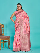 Mimosa Women's Woven Design Banarasi Linen Saree With Blouse Piece : SA00001273PNKFREE