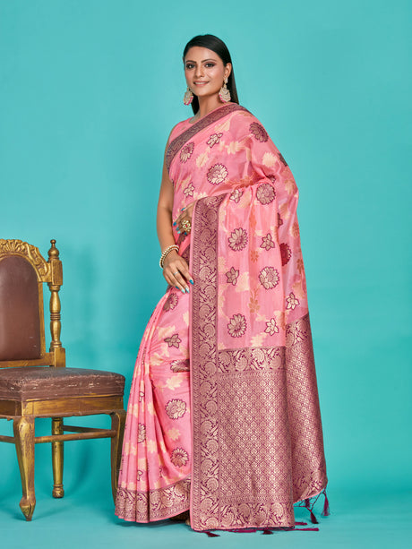 Mimosa Women's Woven Design Banarasi Linen Saree With Blouse Piece : SA00001273PNKFREE