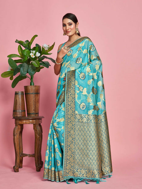 Mimosa Women's Woven Design Banarasi Linen Saree With Blouse Piece : SA00001273SFFREE