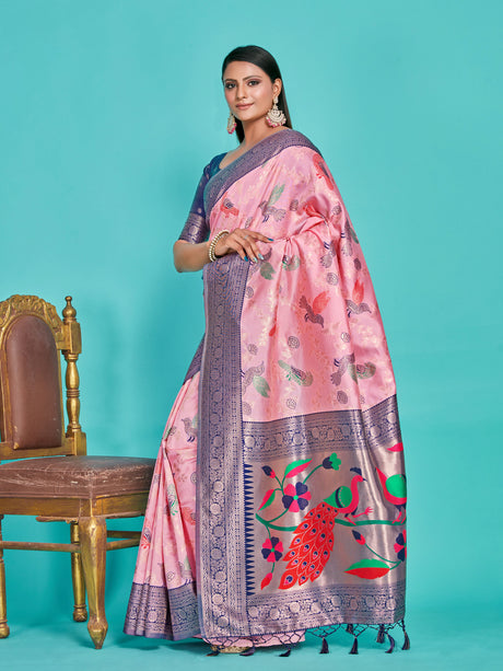 Mimosa Women's Woven Design Banarasi Lenin Saree With Blouse Piece : SA00001281PNKFREE