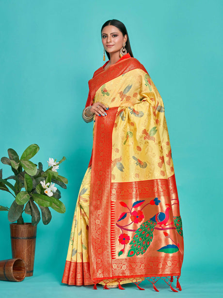 Mimosa Women's Woven Design Banarasi Lenin Saree With Blouse Piece : SA00001281YLWFREE