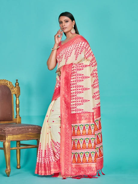 Mimosa Women's Woven Design Banarasi Linen Saree With Blouse Piece : SA00001284RNFREE